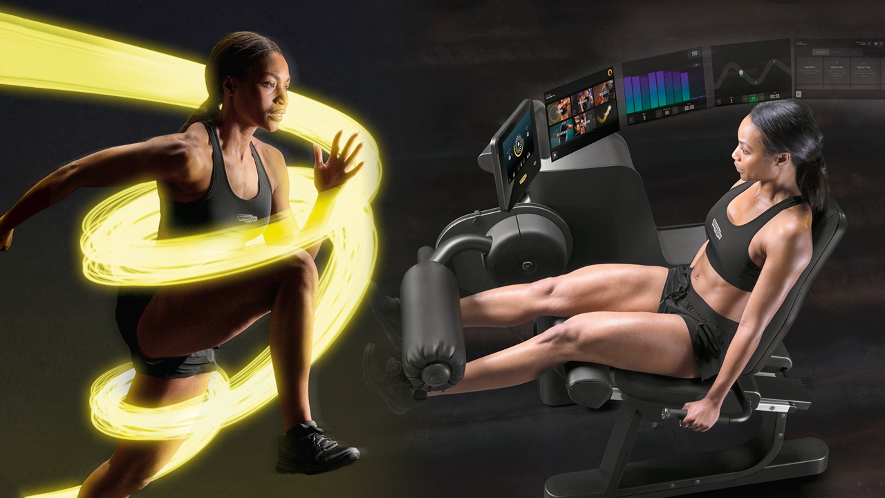 Das Bild ist zweigeteilt. Ein Mal rennt die Frau und ein Mal sitzt sie an einem Trainingsgerät.